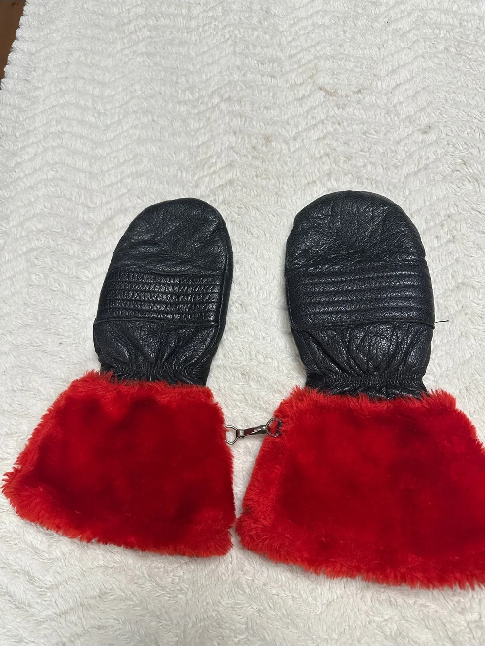 Red Faux-Fur Cuff Black Leather Mittens - Super Cute,  Warm and durable , Medium